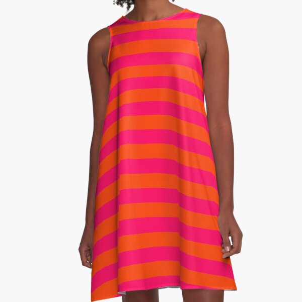 Orange Pop and Hot Neon Pink Horizontal Stripes A-Line Dress