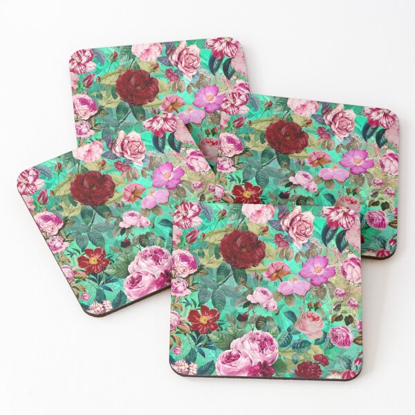 Item preview, Vintage floral pink roses And fuchsia flowers exotic garden, botanical illustration, green turquoise floral pattern  designed and sold by ZeinabTaha.