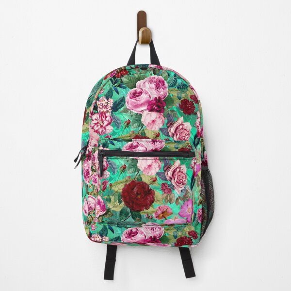 Item preview, Vintage floral pink roses And fuchsia flowers exotic garden, botanical illustration, green turquoise floral pattern  designed and sold by ZeinabTaha.