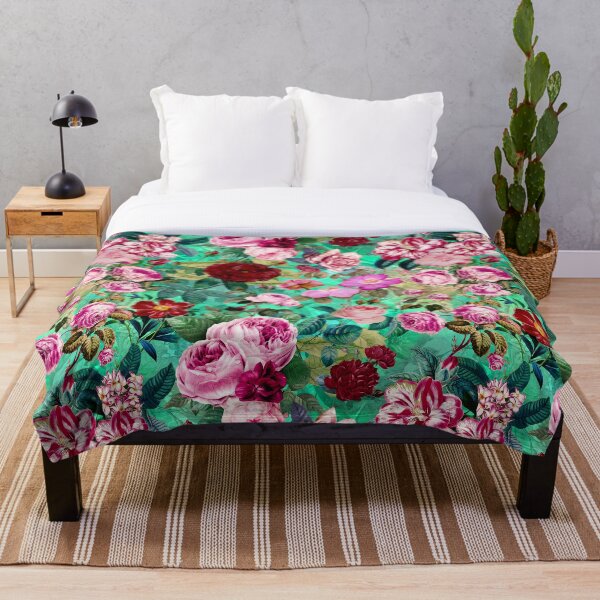 Item preview, Vintage floral pink roses And fuchsia flowers exotic garden, botanical illustration, green turquoise floral pattern  designed and sold by ZeinabTaha.