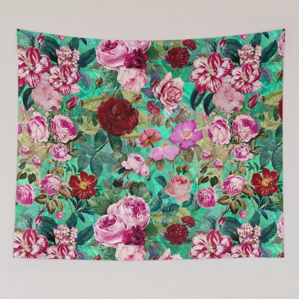 Item preview, Vintage floral pink roses And fuchsia flowers exotic garden, botanical illustration, green turquoise floral pattern  designed and sold by ZeinabTaha.