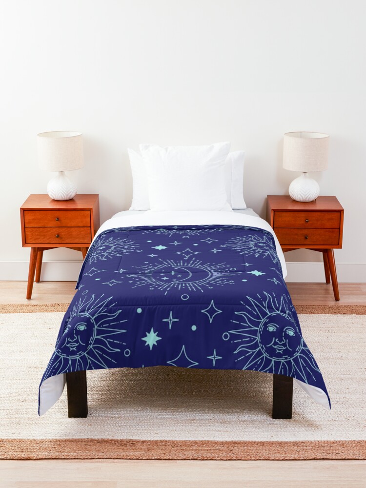 Alternate view of Celestial Magic Sun Moon Stars Pattern on Navy Blue Comforter