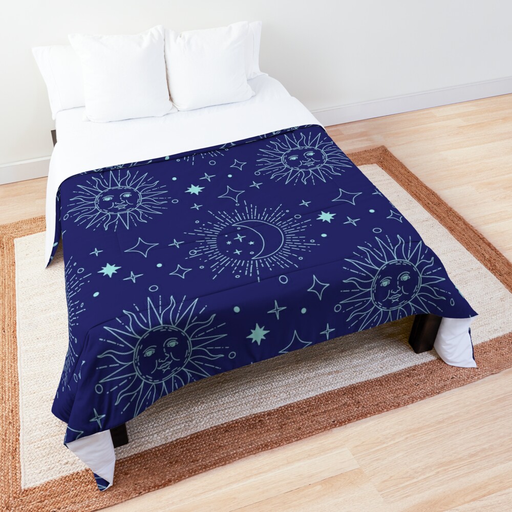 Celestial Magic Sun Moon Stars Pattern on Navy Blue Comforter