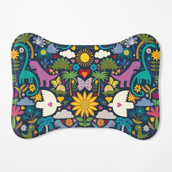 Peace, Love and Dinosaurs - cute animal pattern by Cecca Designs Dog Mat