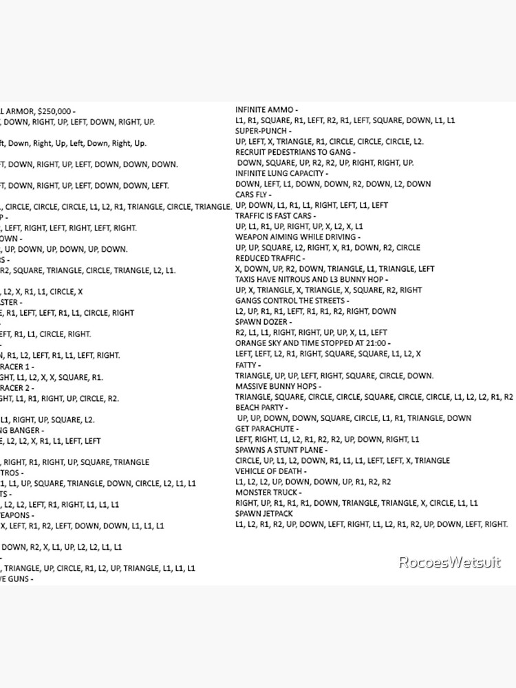 GTA San Andreas PS2/PS4 Cheat Codes 