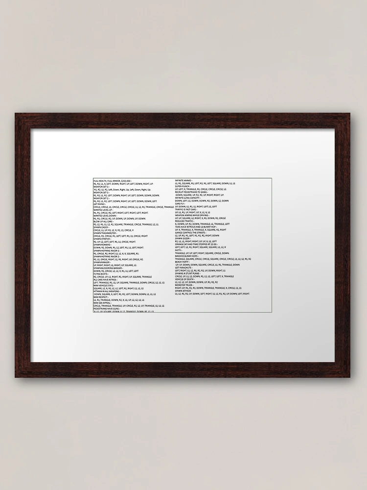 GTA SAN ANDREAS PS2 cheat list Framed Art Print for Sale by RocoesWetsuit