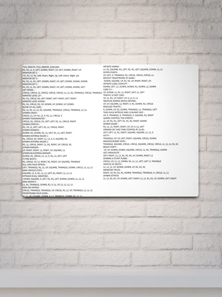 GTA SAN ANDREAS PS2 cheat list Poster for Sale by RocoesWetsuit