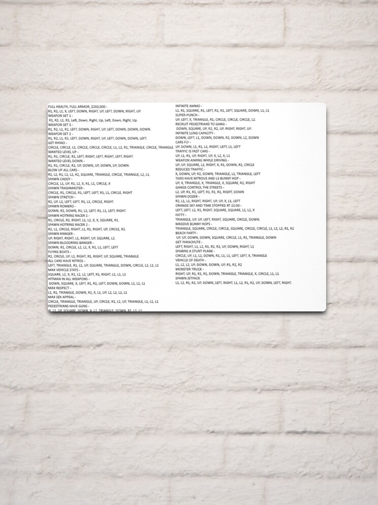 GTA SAN ANDREAS PS2 cheat list Poster for Sale by RocoesWetsuit