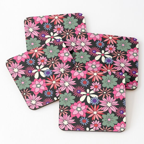 Item preview, Retro 1960's Pink, Green Floral Pattern On Black designed and sold by DEC02.