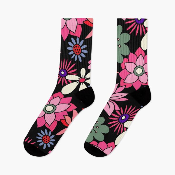 Item preview, Estampado floral rosa y verde estilo retro de los años 60 sobre fondo negro. designed and sold by DEC02.