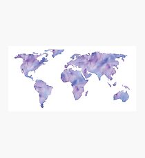 World Map Light Blue Purple Indigo Watercolor Photographic Print