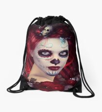 Sugar Doll Red Dia De Muertos Drawstring Bag