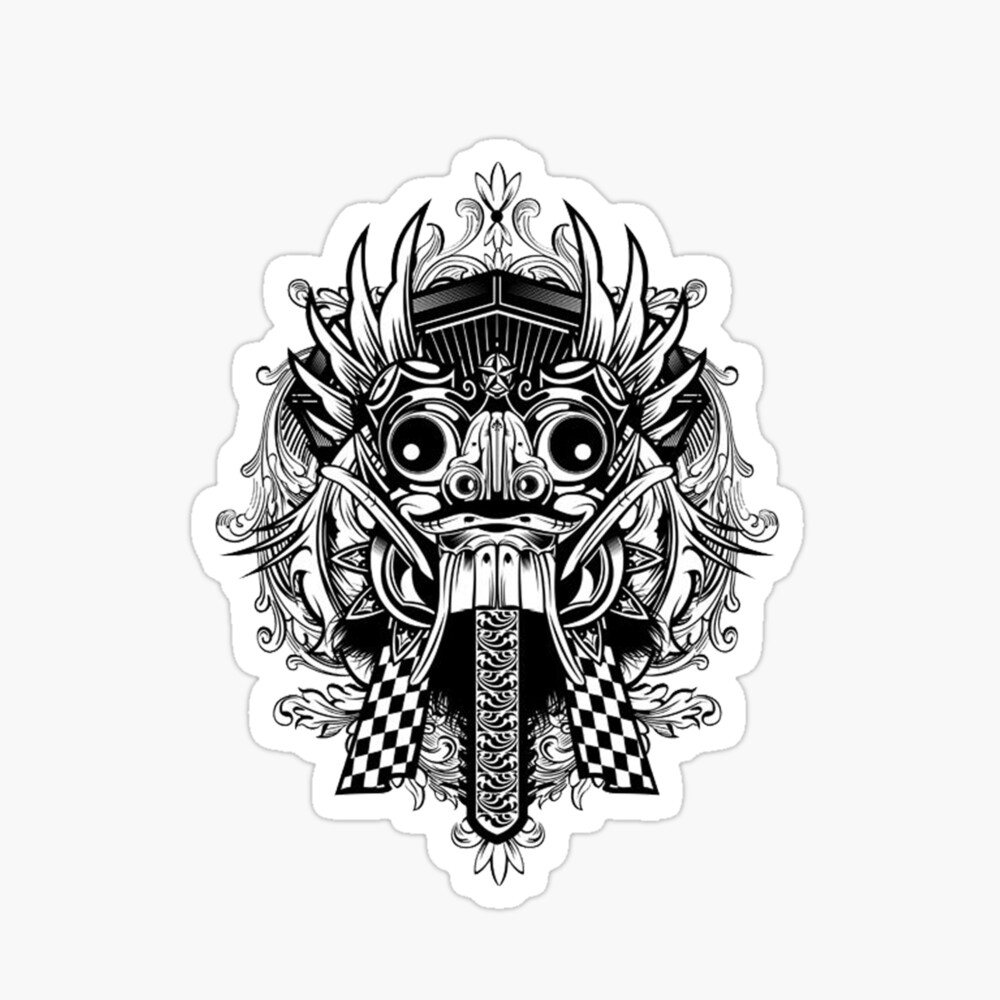 Barong. Traditional Ritual Balinese Mask. Vector Decorative Ornate Outline  Black And White Seamless Pattern. Hindu Ethnic Symbol, Tattoo Art, Yoga,  Bali Spiritual Design For Print, T-shirt, Textile. Royalty Free SVG,  Cliparts, Vectors,