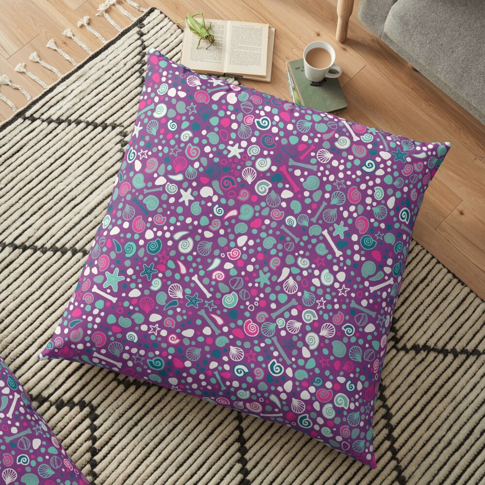 Mini Fossils - turquoise, white and pink on purple - fun pattern by Cecca Designs Floor Pillow