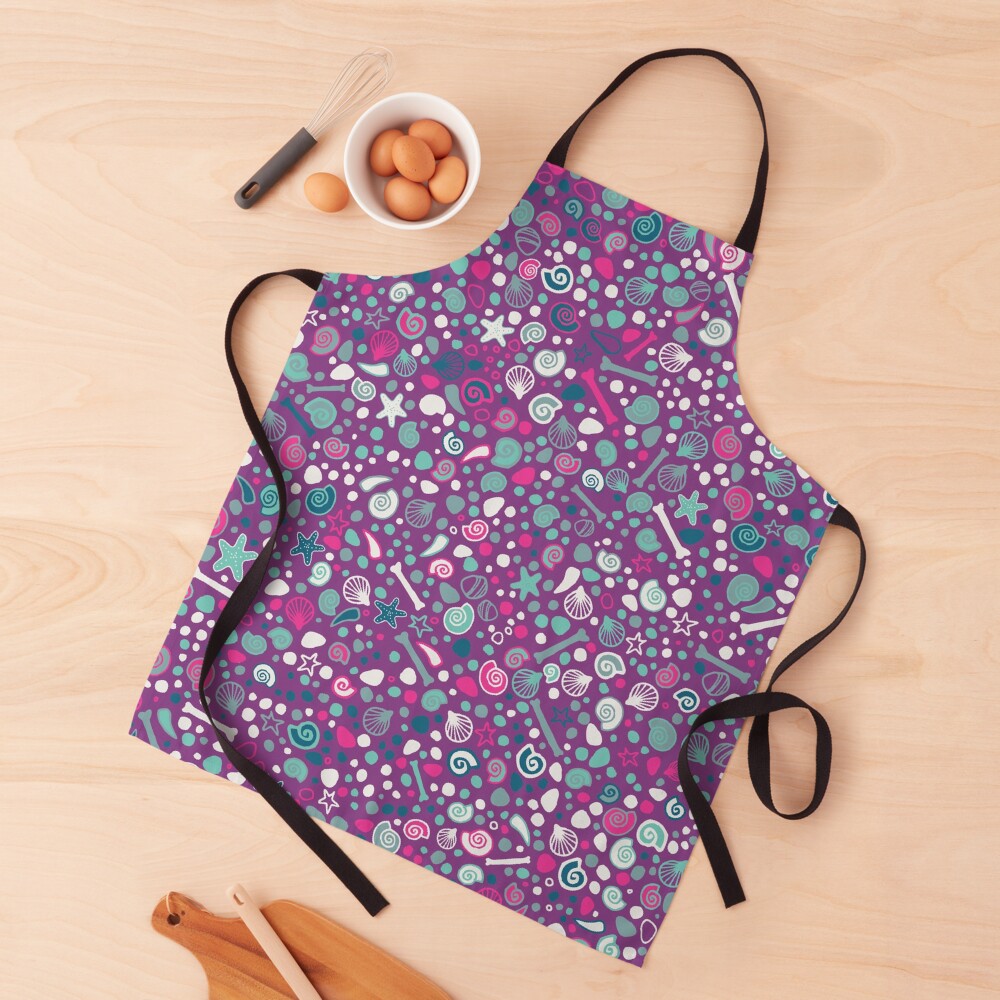 Mini Fossils - turquoise, white and pink on purple - fun pattern by Cecca Designs Apron