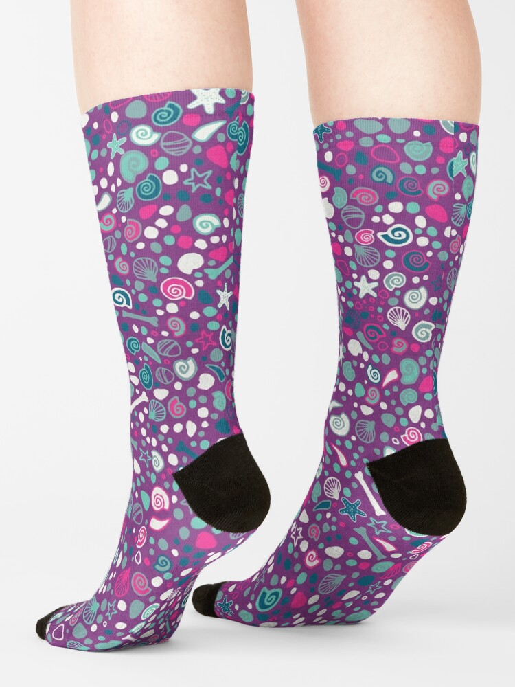 Thumbnail 4 of 5, Socks, Mini Fossils - turquoise, white and pink on purple - fun pattern by Cecca Designs designed and sold by Cecca-Designs.