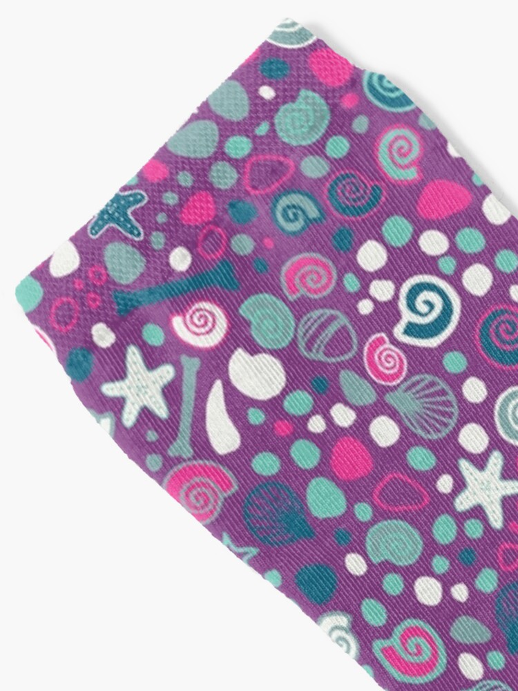 Thumbnail 2 of 5, Socks, Mini Fossils - turquoise, white and pink on purple - fun pattern by Cecca Designs designed and sold by Cecca-Designs.