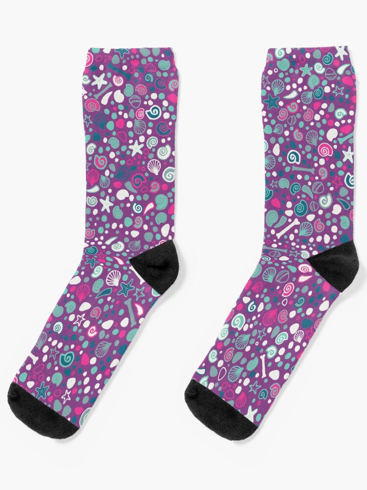 Thumbnail 1 of 5, Socks, Mini Fossils - turquoise, white and pink on purple - fun pattern by Cecca Designs designed and sold by Cecca-Designs.