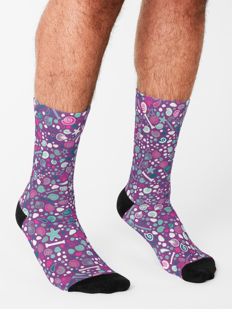Thumbnail 3 of 5, Socks, Mini Fossils - turquoise, white and pink on purple - fun pattern by Cecca Designs designed and sold by Cecca-Designs.