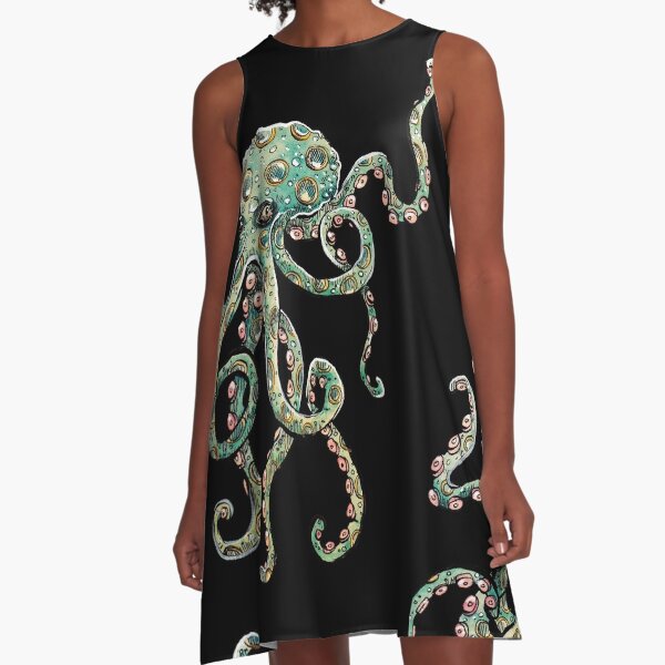 Minisoya Women Octopus Printed Flare A-line Dress Sleeveless Casual Vintage Cocktail Evening Party Prom Swing Dress 