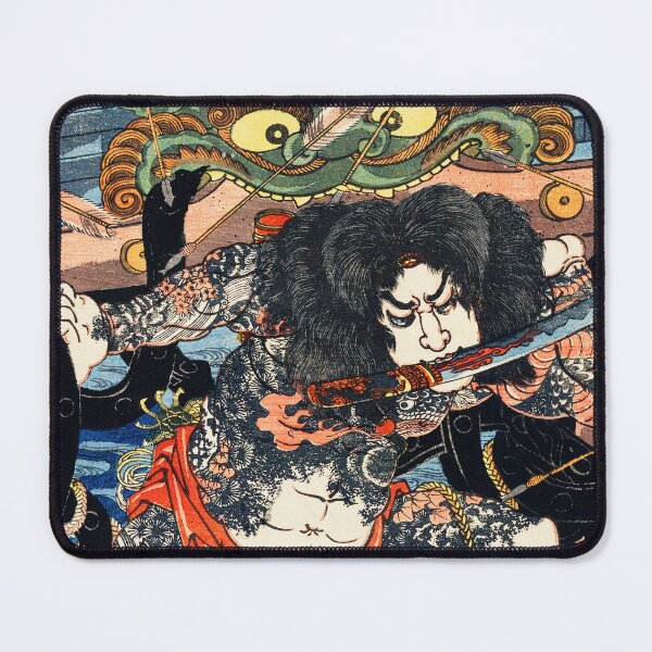 Item preview, Rori Hakucho Chojun by Utagawa Kuniyoshi (1753-1806), a traditional Japanese ukiyo-e style illustration of a brave warrior with katana in his mouth fighting through a hail of arrows. designed and sold by Design Repo.