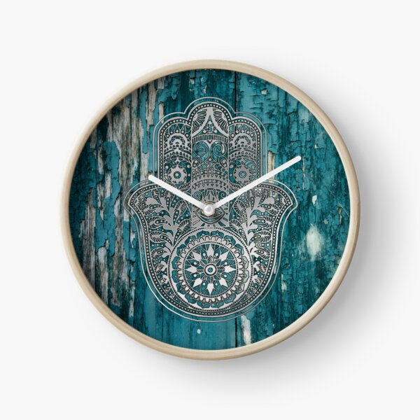 Vista previa del artículo con la obra «Mano de plata Hamsa en madera turquesa», diseñado y vendido por maryedenoa.