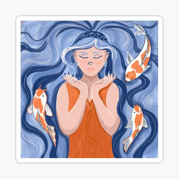 Fairy cartoon princess, beautiful woman, fish, koi fish, blue, character design, print Sticker