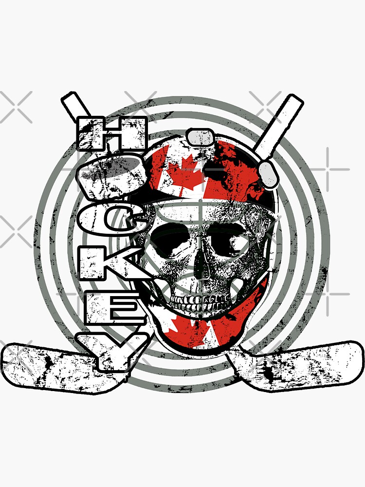 "Hockey Goalie Skull wearing a helmet with a Canadian Flag, hockey