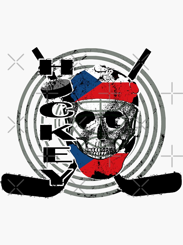 "Hockey Goalie Skull wearing a helmet with a Czechia flag, hockey stick