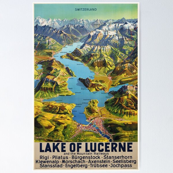 Item preview, SWITZERLAND Lake of Lucerne and the Mountain Railways 1945 Vintage Travel Poster designed and sold by retroposters.