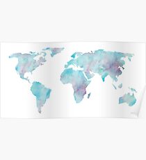 Weltkarte-Ozean-Blau-Aquarell Poster