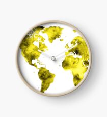World Map Vivid Yellow Watercolor Clock