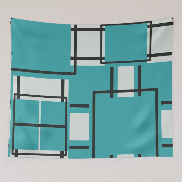 Aperçu de l'œuvre Aqua - Teal - Turquoise, Black and Off White Modern Square Mosaic Shape Pattern créée et vendue par ColorOfTheYears.