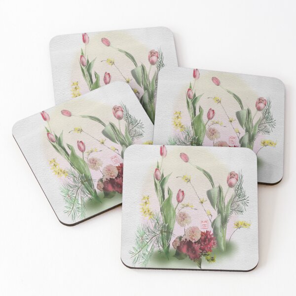 Item preview, Red tulip and pink carnation ikebana watercolor flowers designed and sold by CuisineCat.