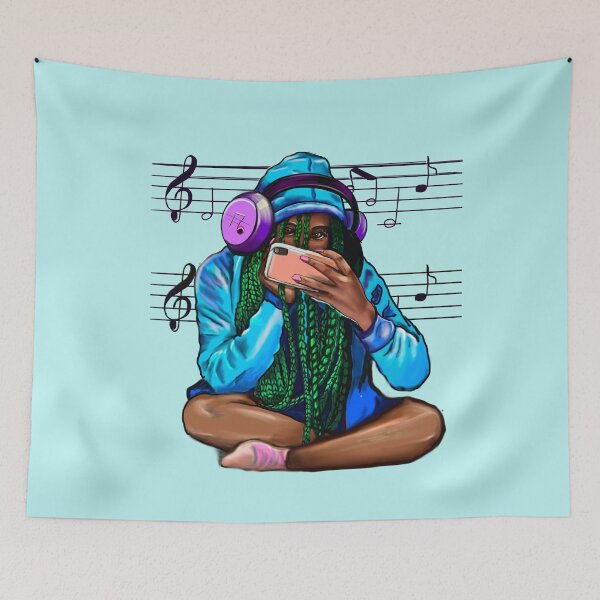 Item preview, Cool edgy black girl listening to music through headphones wearing hoodie with green braids and camera phone- watching you watching me designed and sold by Artonmytee.