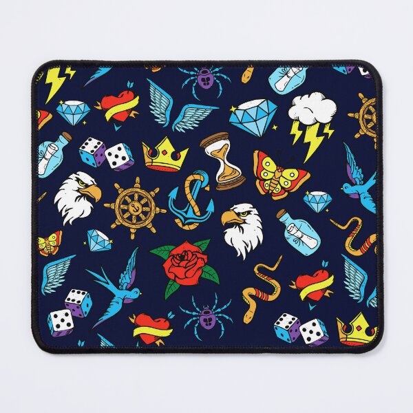 Item preview, Fun pattern of hand drawn vintage inspired tattoo art, brilliant pop of retro color designed and sold by Orianah.