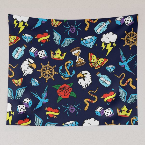 Item preview, Fun pattern of hand drawn vintage inspired tattoo art, brilliant pop of retro color designed and sold by Orianah.