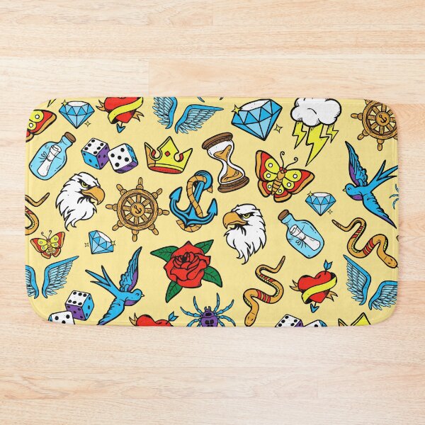 Item preview, Fun pattern of hand drawn vintage inspired tattoo art, brilliant pop of retro color designed and sold by Orianah.