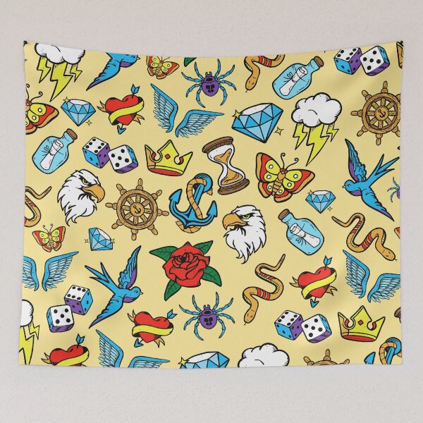 Item preview, Fun pattern of hand drawn vintage inspired tattoo art, brilliant pop of retro color designed and sold by Orianah.