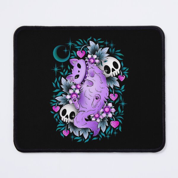 Item preview, Pastel cat and skulls, green leaves and black background  designed and sold by Texdoodles.