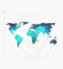 World Map Space Galaxy Stars in Turquoise Wall Tapestry