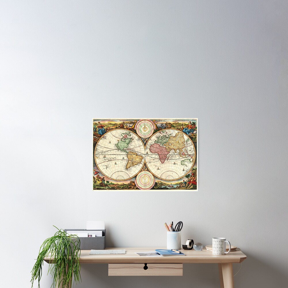 Vintage Maps Of The World. 1730 Stoopendaal Map of the World in two Hemispheres Poster