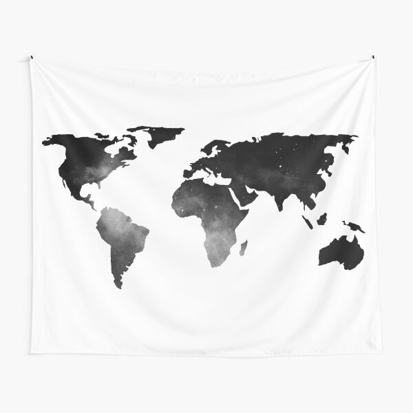 World Map Space Stars Black and White Tapestry
