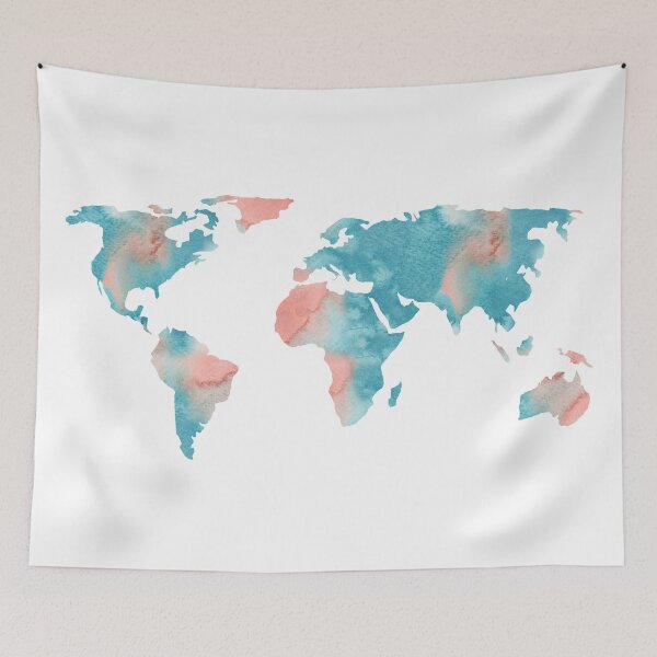 Item preview, World Map Coral Pink and Turquoise Blue designed and sold by naturemagick.
