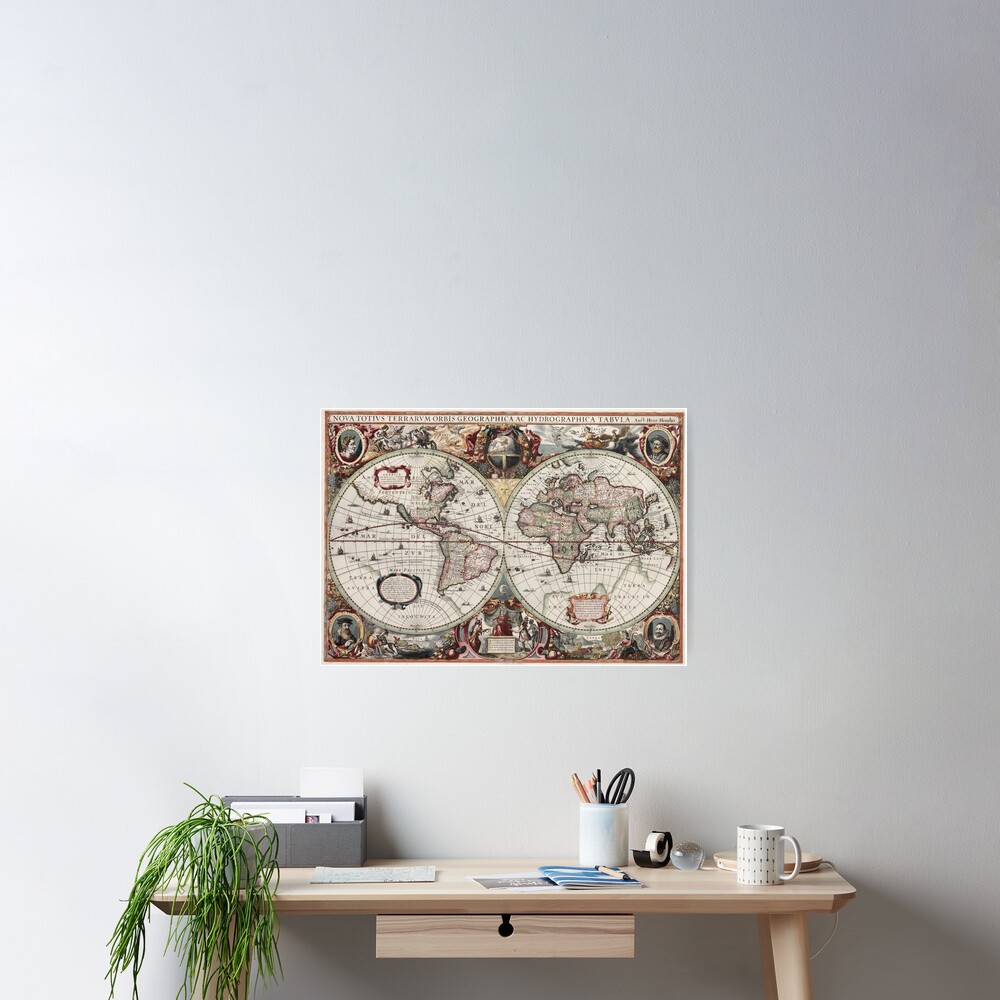 Vintage Maps Of The World. Geographic and Hydrographic Map of the Whole World Poster