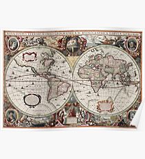 Vintage Maps Of The World. Geographic and Hydrographic Map of the Whole World Poster