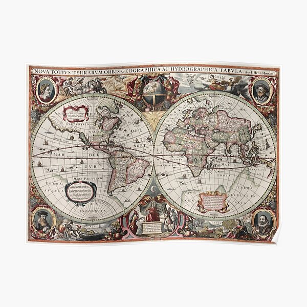 Vintage Maps Of The World. Geographic and Hydrographic Map of the Whole World Poster