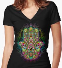 Hamsa Fatma Hand Psychedelic Amulet Fitted V-Neck T-Shirt