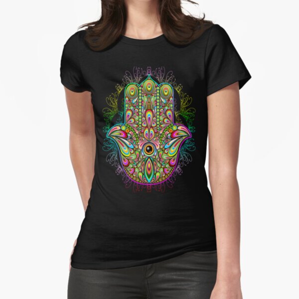 Hamsa Fatma Hand Psychedelic Amulet Fitted T-Shirt
