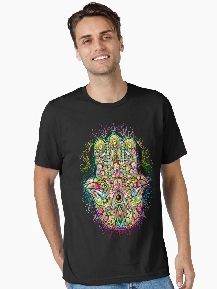 Thumbnail 1 of 7, Essential T-Shirt, Hamsa Fatma Hand Psychedelic Amulet designed and sold by BluedarkArt.
